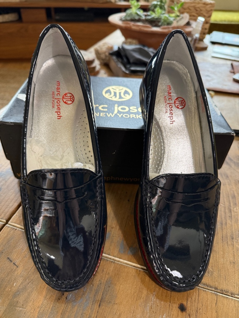 Marc Joseph Navy Blue East Village Patent Leather Penny Loafers with Red Trim